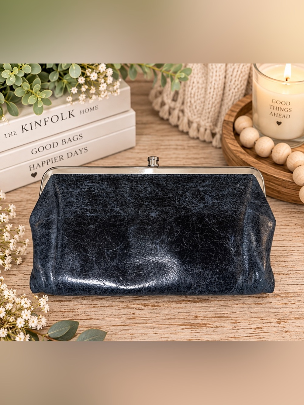 HOBO Lauren Black Distressed Leather Double-Frame Wallet Clutch